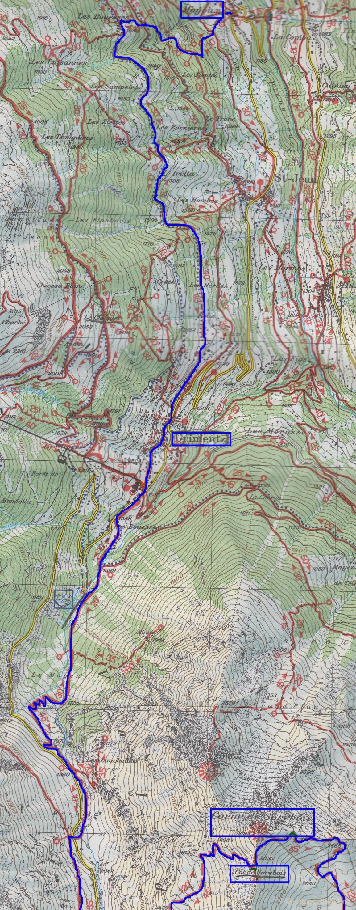 Croquis del recorrido de la 4º Etapa del Tour de la Val d’Anniviers Cabaña de Moiry-Mayoux. Aparece la ascensión y descenso del Corne y Col de Sorebois de la 3º Etapa, a la derecha.